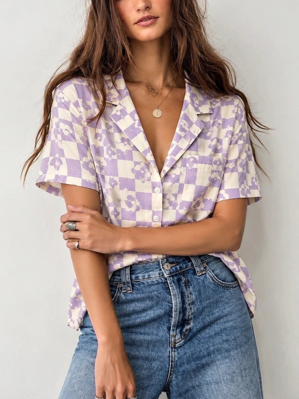 343. ARDENE Checkered Button Down Shirt in Purple & White Size Small